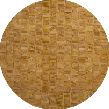 8' Brown Beige And Gold Geometric Washable Round Rug With UV Protection