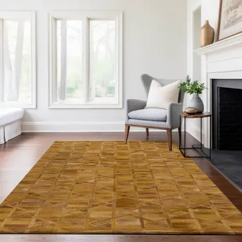 9' X 12' Brown Beige And Gold Geometric Washable Area Rug With UV Protection