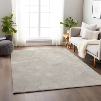 10' X 14' Ivory And Gray Geometric Washable Area Rug With UV Protection