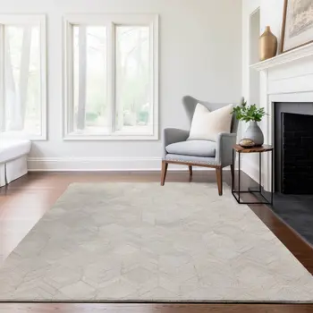 10' X 14' Ivory And Gray Geometric Washable Area Rug With UV Protection