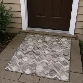 3' X 5' Gray Ivory And Black Geometric Washable Area Rug With UV Protection