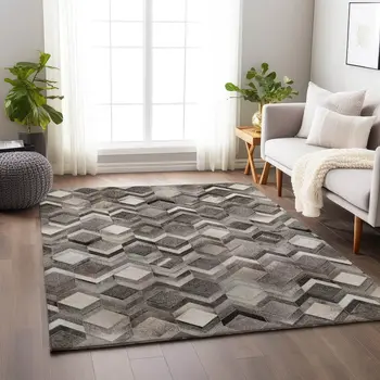 3' X 5' Gray Ivory And Black Geometric Washable Area Rug With UV Protection