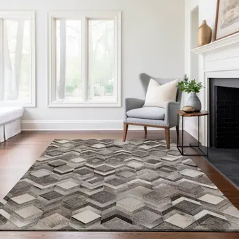 3' X 5' Gray Ivory And Black Geometric Washable Area Rug With UV Protection
