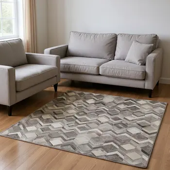 5' X 8' Gray Ivory And Black Geometric Washable Area Rug With UV Protection