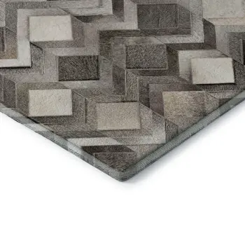 8' Gray Ivory And Black Geometric Washable Round Rug With UV Protection