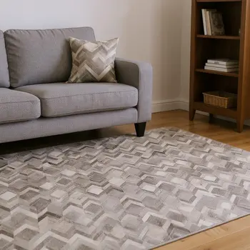 8' Gray Ivory And Black Geometric Washable Round Rug With UV Protection