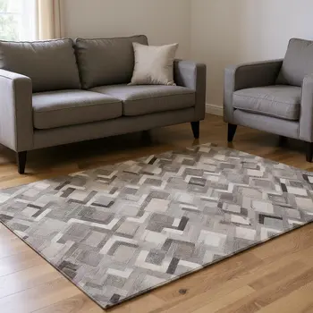 8' X 10' Gray Ivory And Black Geometric Washable Area Rug With UV Protection