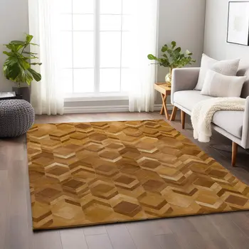 10' X 14' Brown Ivory And Beige Geometric Washable Area Rug With UV Protection