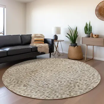8' Gray Ivory And Beige Geometric Washable Round Rug With UV Protection