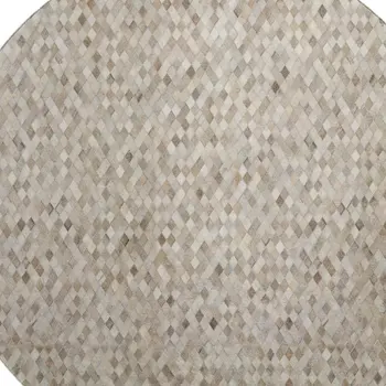 8' Gray Ivory And Beige Geometric Washable Round Rug With UV Protection