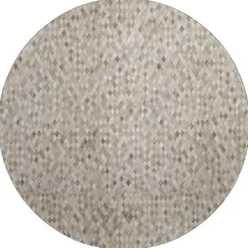 8' Gray Ivory And Beige Geometric Washable Round Rug With UV Protection