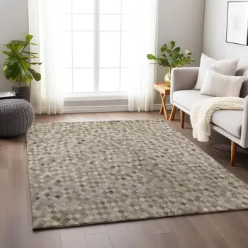 9' X 12' Gray Ivory And Beige Geometric Washable Area Rug With UV Protection