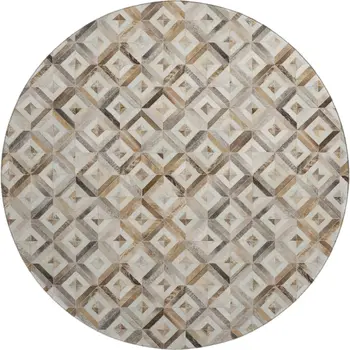 8' Gray Brown And Ivory Geometric Washable Round Rug With UV Protection