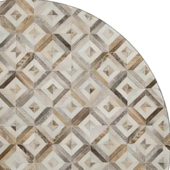8' Gray Brown And Ivory Geometric Washable Round Rug With UV Protection