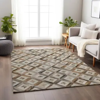 9' X 12' Gray Brown And Ivory Geometric Washable Area Rug With UV Protection