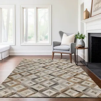 9' X 12' Gray Brown And Ivory Geometric Washable Area Rug With UV Protection
