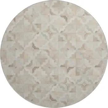 8' Ivory Beige And Gray Geometric Washable Round Rug With UV Protection
