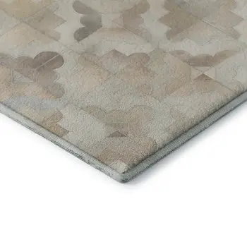 8' Ivory Beige And Gray Geometric Washable Round Rug With UV Protection