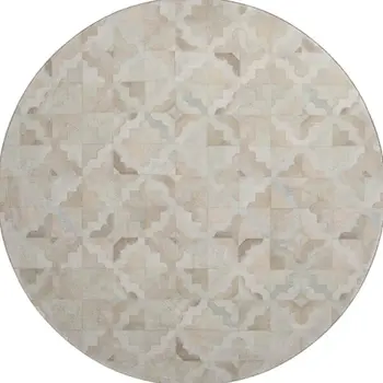 8' Ivory Beige And Gray Geometric Washable Round Rug With UV Protection