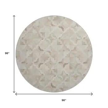 8' Ivory Beige And Gray Geometric Washable Round Rug With UV Protection