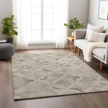 8' X 10' Ivory Beige And Gray Geometric Washable Area Rug With UV Protection