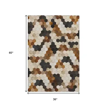 3' X 5' Black Brown And Ivory Geometric Washable Area Rug With UV Protection