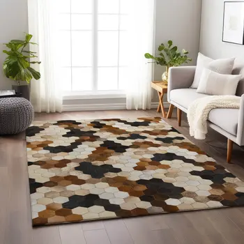 5' X 8' Black Brown And Ivory Geometric Washable Area Rug With UV Protection