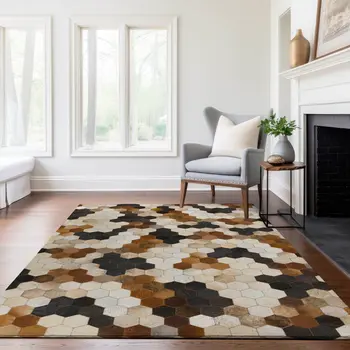 5' X 8' Black Brown And Ivory Geometric Washable Area Rug With UV Protection