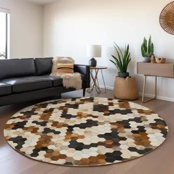 8' Black Brown And Ivory Geometric Washable Round Rug With UV Protection