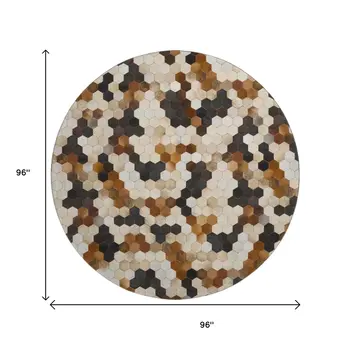 8' Black Brown And Ivory Geometric Washable Round Rug With UV Protection