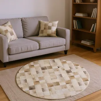 8' Taupe Ivory And Beige Patchwork Washable Round Rug With UV Protection