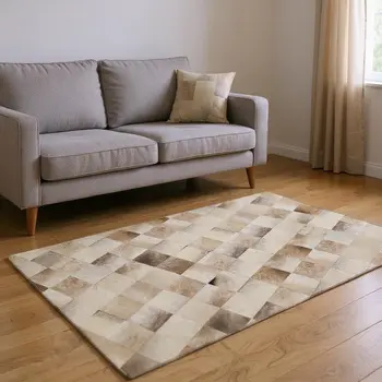 8' X 10' Taupe Ivory And Beige Patchwork Washable Area Rug With UV Protection