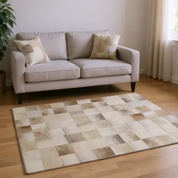 9' X 12' Taupe Ivory And Beige Patchwork Washable Area Rug With UV Protection