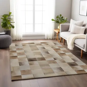 9' X 12' Taupe Ivory And Beige Patchwork Washable Area Rug With UV Protection