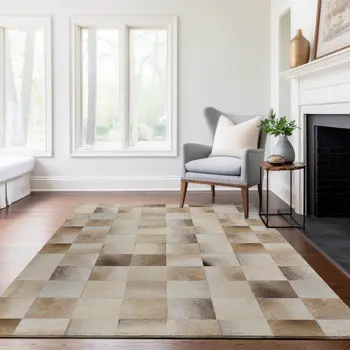 9' X 12' Taupe Ivory And Beige Patchwork Washable Area Rug With UV Protection
