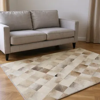 10' X 14' Taupe Ivory And Beige Patchwork Washable Area Rug With UV Protection