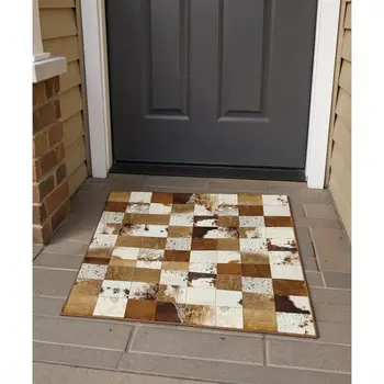 3' X 5' Brown And Ivory Patchwork Washable Area Rug With UV Protection