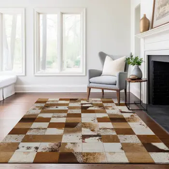3' X 5' Brown And Ivory Patchwork Washable Area Rug With UV Protection