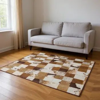 5' X 8' Brown And Ivory Patchwork Washable Area Rug With UV Protection