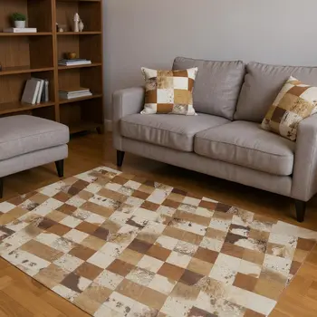 8' Brown And Ivory Patchwork Washable Round Rug With UV Protection
