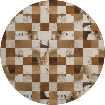8' Brown And Ivory Patchwork Washable Round Rug With UV Protection