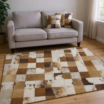 8' X 10' Brown And Ivory Patchwork Washable Area Rug With UV Protection