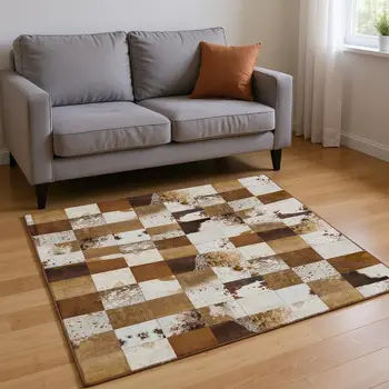 9' X 12' Brown And Ivory Patchwork Washable Area Rug With UV Protection