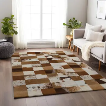 9' X 12' Brown And Ivory Patchwork Washable Area Rug With UV Protection