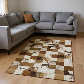 10' X 14' Brown And Ivory Patchwork Washable Area Rug With UV Protection