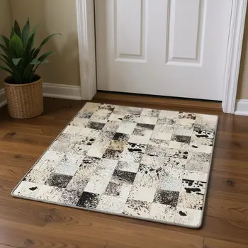 3' X 5' Granite Gray Ivory And Black Patchwork Washable Area Rug With UV Protection