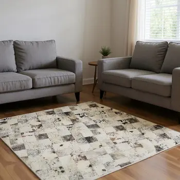 8' Granite Gray Ivory And Black Patchwork Washable Round Rug With UV Protection