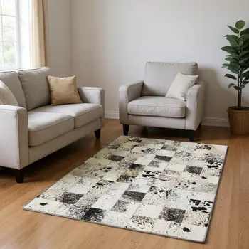 8' X 10' Granite Gray Ivory And Black Patchwork Washable Area Rug With UV Protection