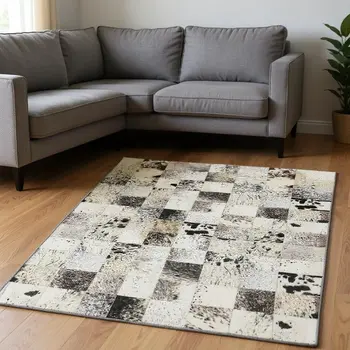 9' X 12' Granite Gray Ivory And Black Patchwork Washable Area Rug With UV Protection