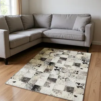 10' X 14' Granite Gray Ivory And Black Patchwork Washable Area Rug With UV Protection